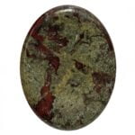 A green and red Tigers Eye Worry Stone on a white background.