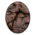 A pink Tigers Eye Worry Stone with black and brown streaks.