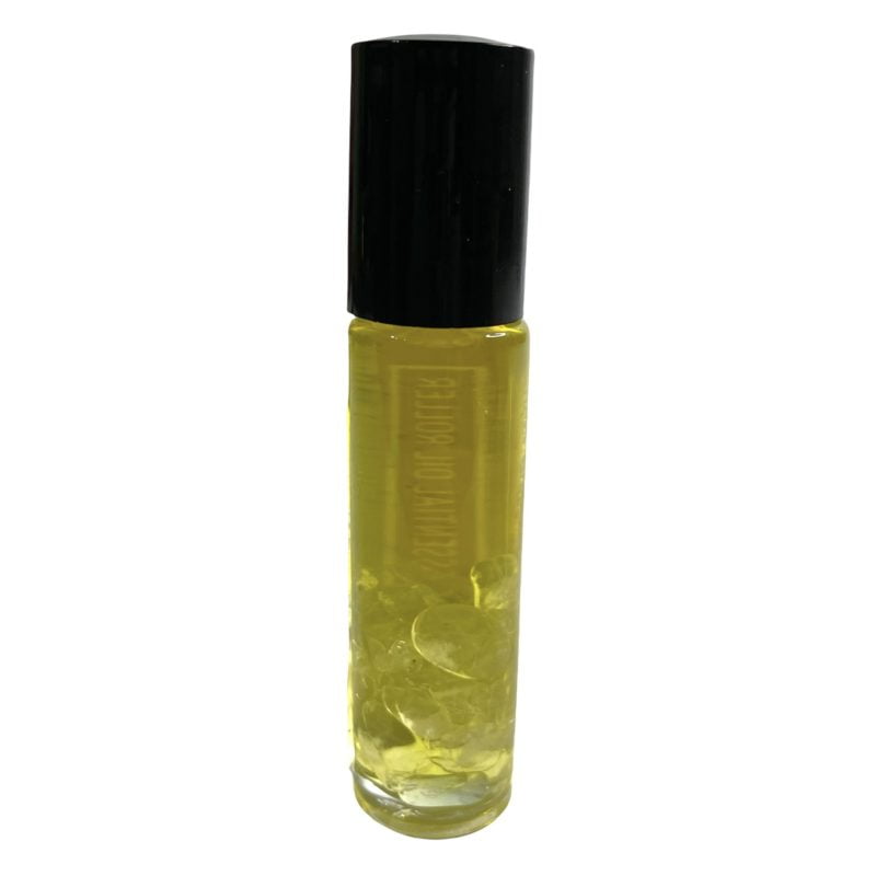 A bottle of essential oil with a yellow lid and black cap, designed specifically as a 1 Crown Chakra Roller.