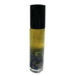 A 3 Throat Chakra Roller filled with blue and yellow stones for essential oil.
