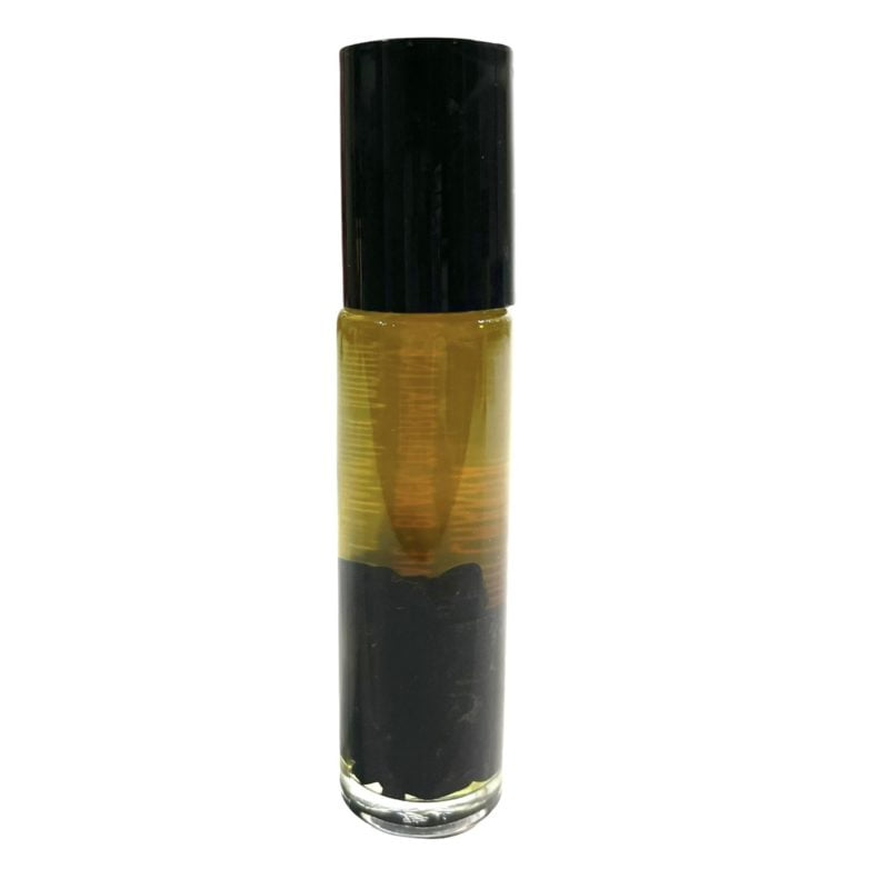 A yellow and black liquid-filled 7 Root Chakra Roller.