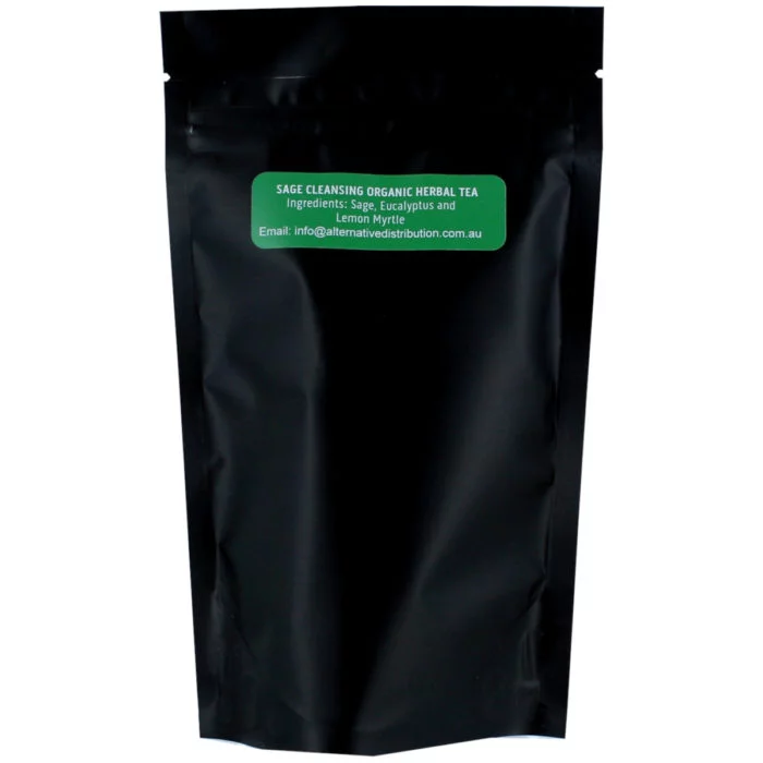 A black bag with a green label advertising Sage Tea.