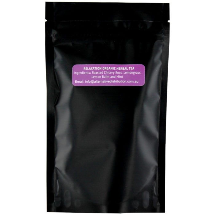 A black bag of Relaxation Tea with a purple label designed for relaxation purposes.