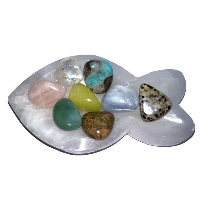 A white plate with a variety of Selenite Cleansing Bowl Feng Shui Fish Larges, including selenite, on it.