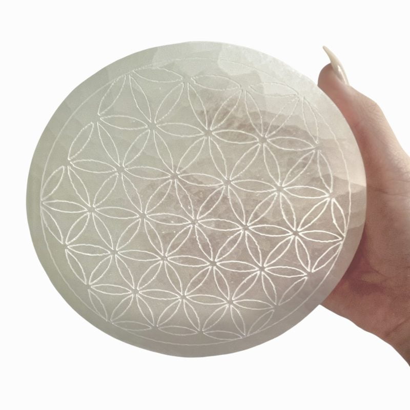 Selenite Flat Cleansing Plate with Floral Grid