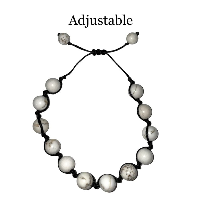 An adjustable white and black Howlite String Bracelet.