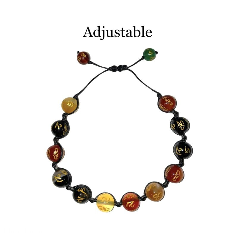 An Om String Bracelet with a red, yellow, green, and black bead.