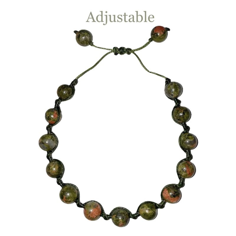An adjustable Unakite String Bracelet with green and brown beads.