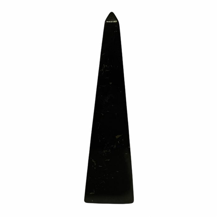 A black Shungite Tower on a white background.
