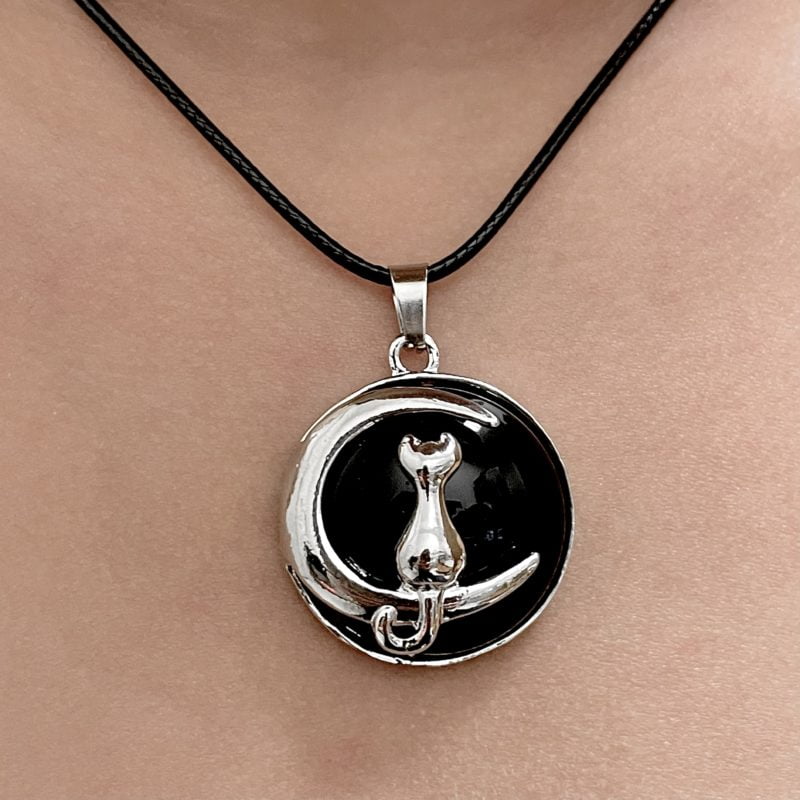 Black Obsidian Cat On Moon Necklace
