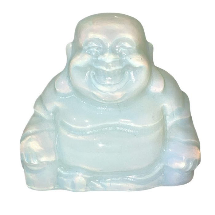 A Buddha Opalite statue on a white background, with a serene smile.