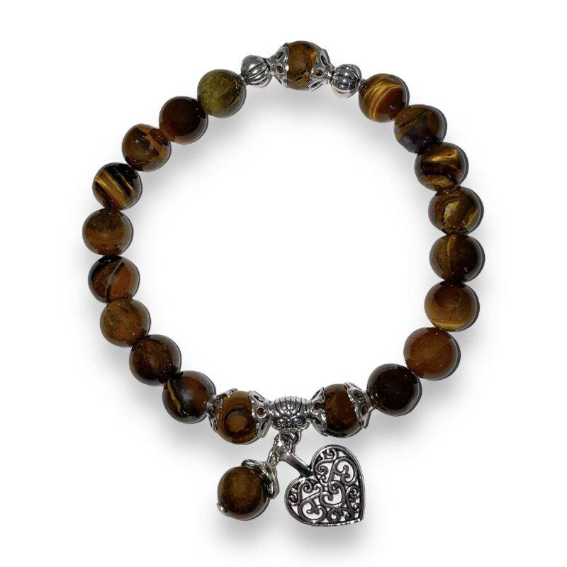A bracelet with a heart charm and tiger eye beads.
